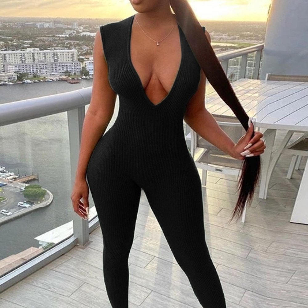 Ribbed Knit Deep V Neck Bodycon Jumpsuit
